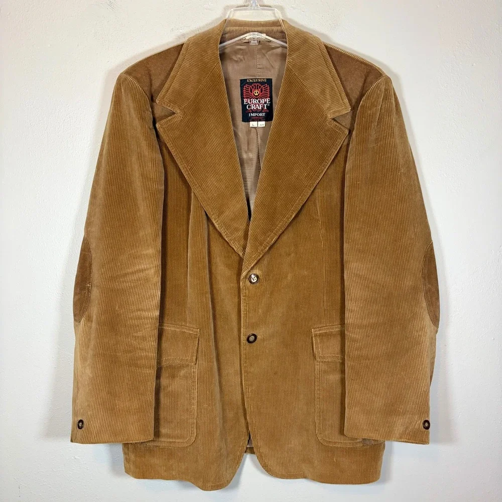 Vintage 70s Europe Craft‎ Corduroy Western Blazer Suede Patch Tan Jacket 44L
